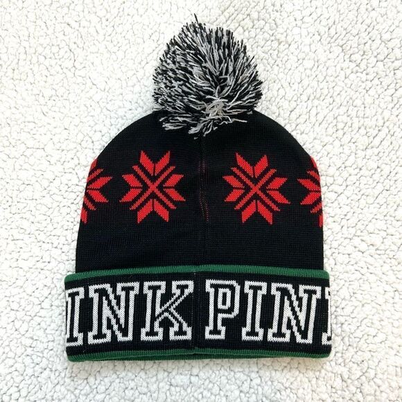 PINK Victorias Secret Beanie Hat Tobaggan Pom Pom Chic Holiday Snowflake Beanie - Picture 2 of 5